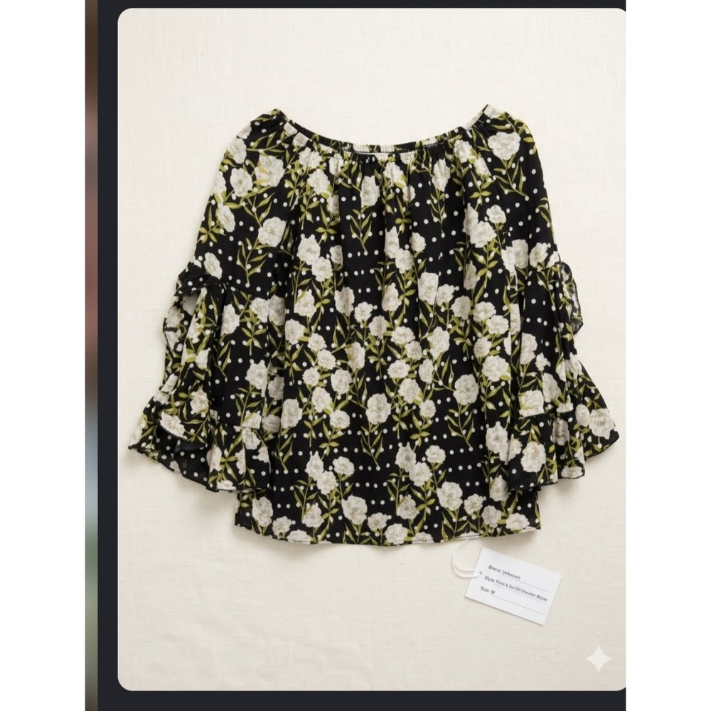 Fever Floral Polka Dot Off The Shoulder Blouse Ruffle Bell Sleeve Black Large